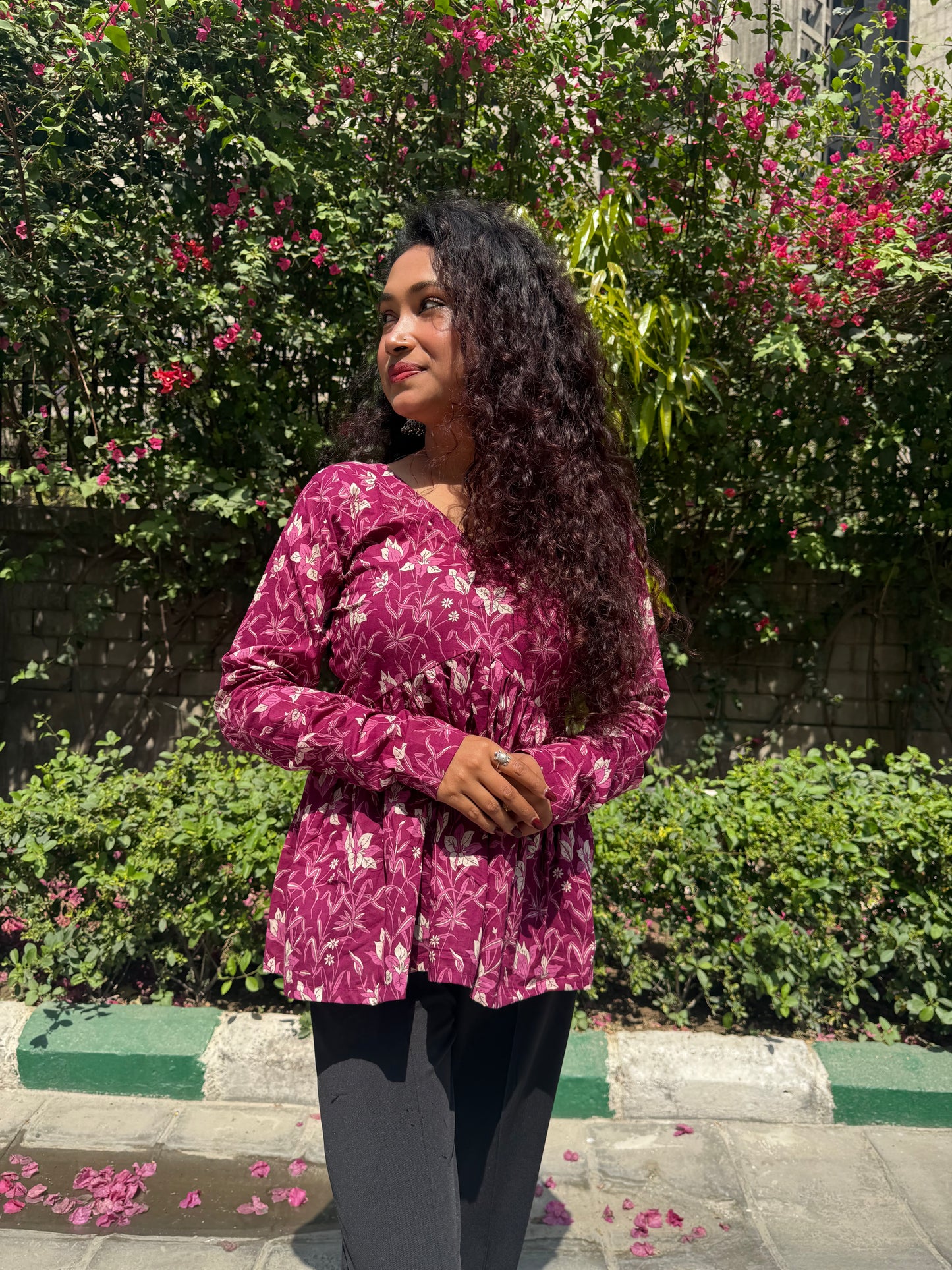 Wine Petal Peplum Short Kurti