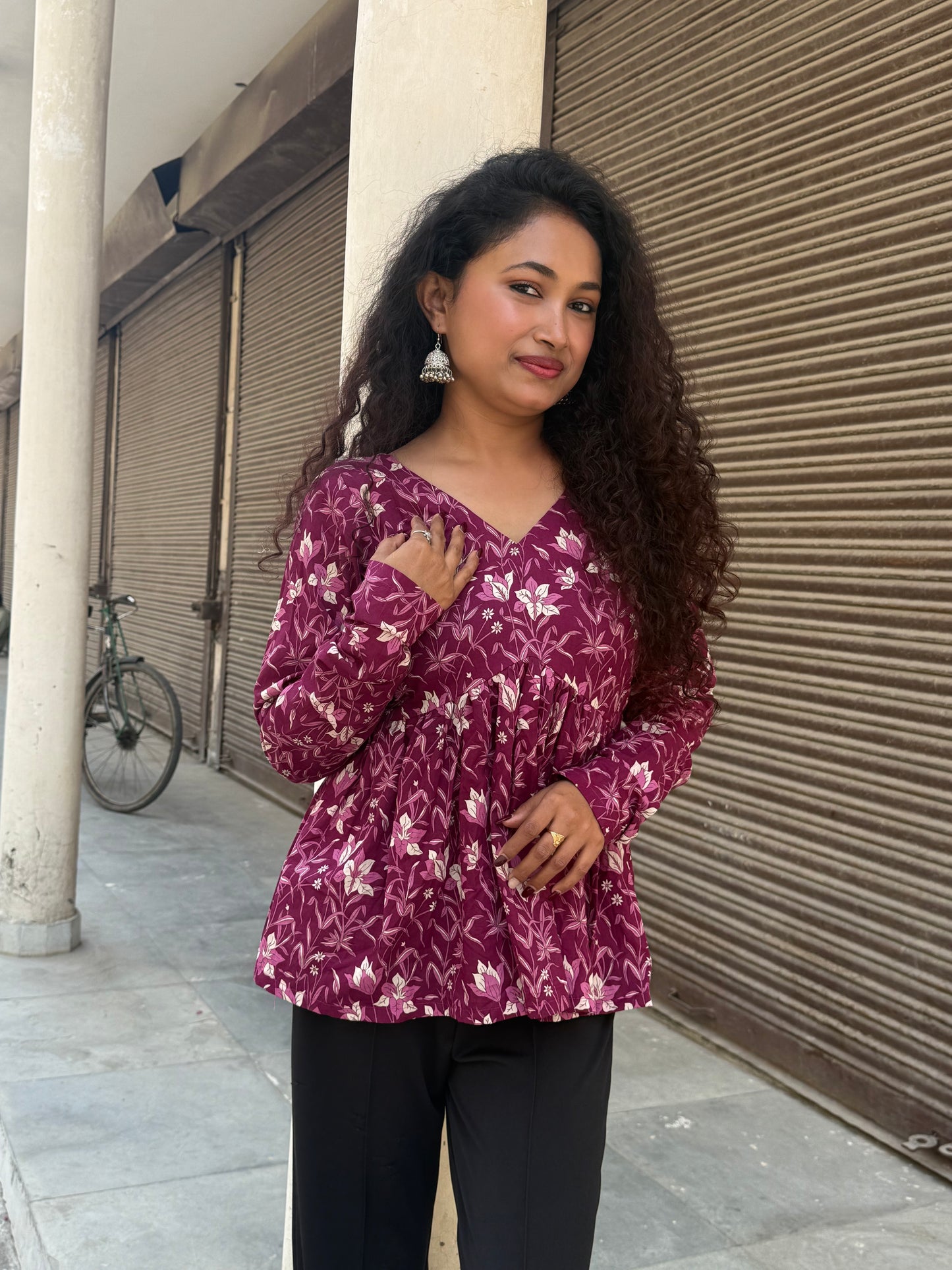 Wine Petal Peplum Short Kurti