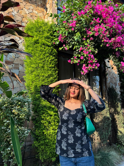 Sanskari in Black Straight Short Kurti