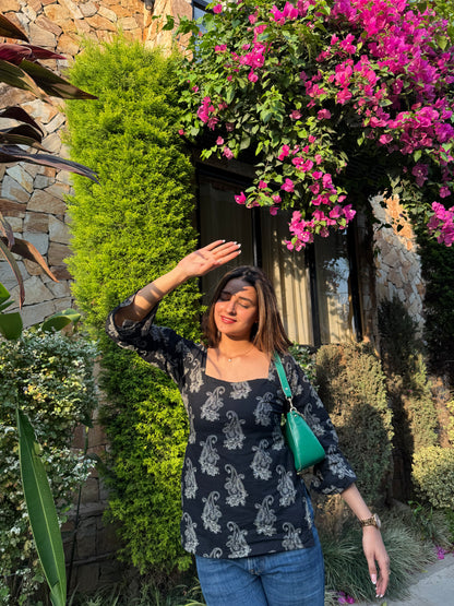 Sanskari in Black Straight Short Kurti