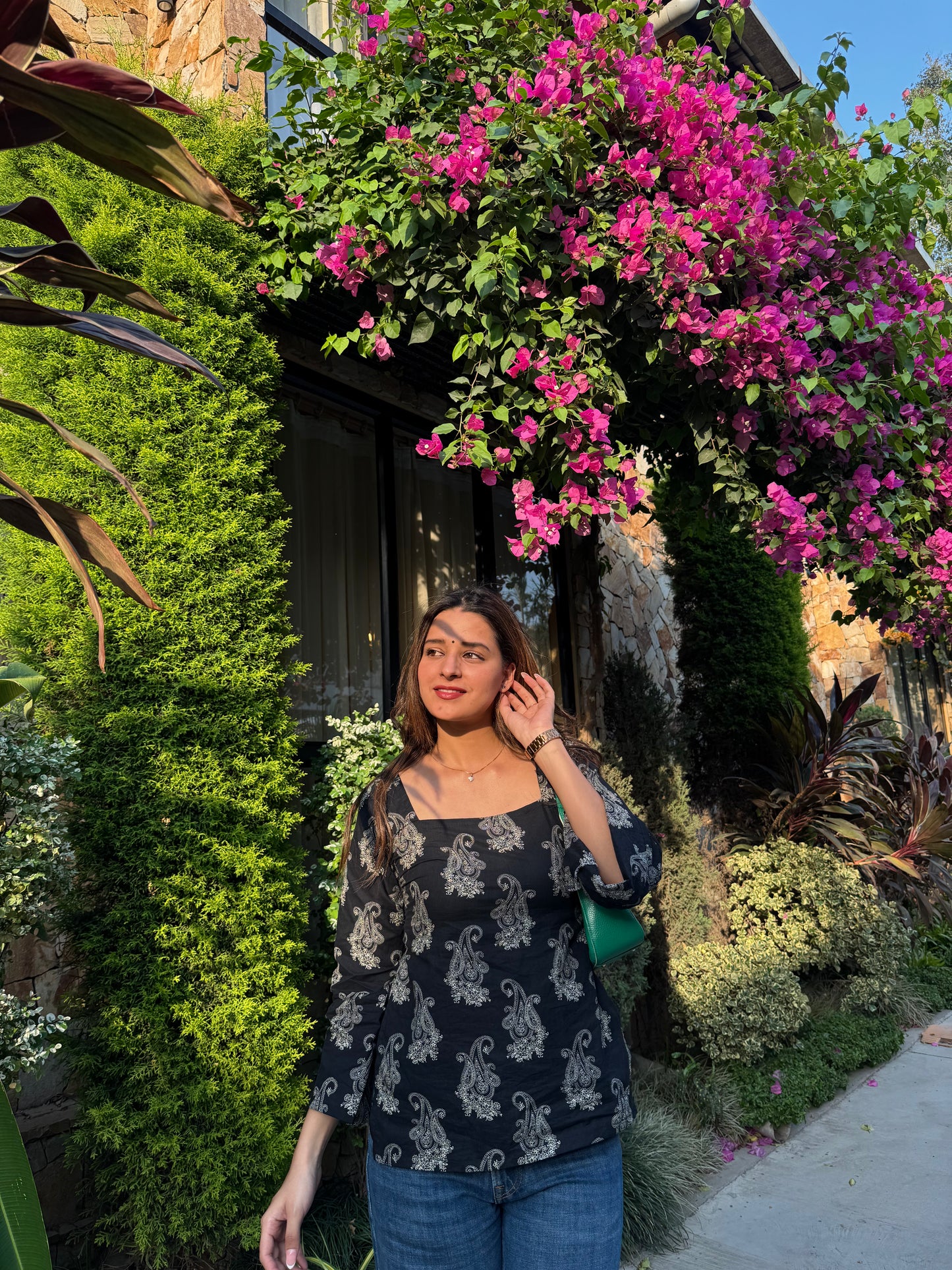 Sanskari in Black Straight Short Kurti