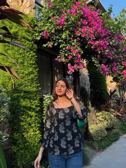 Sanskari in Black Straight Short Kurti