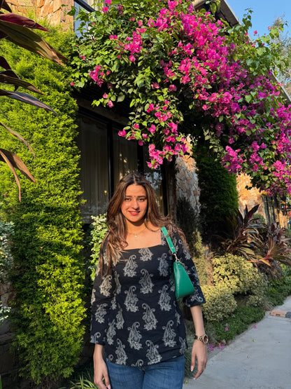 Sanskari in Black Straight Short Kurti