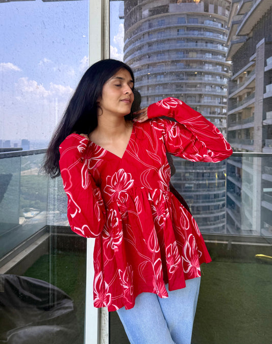 Red Rosy Peplum Short Kurti