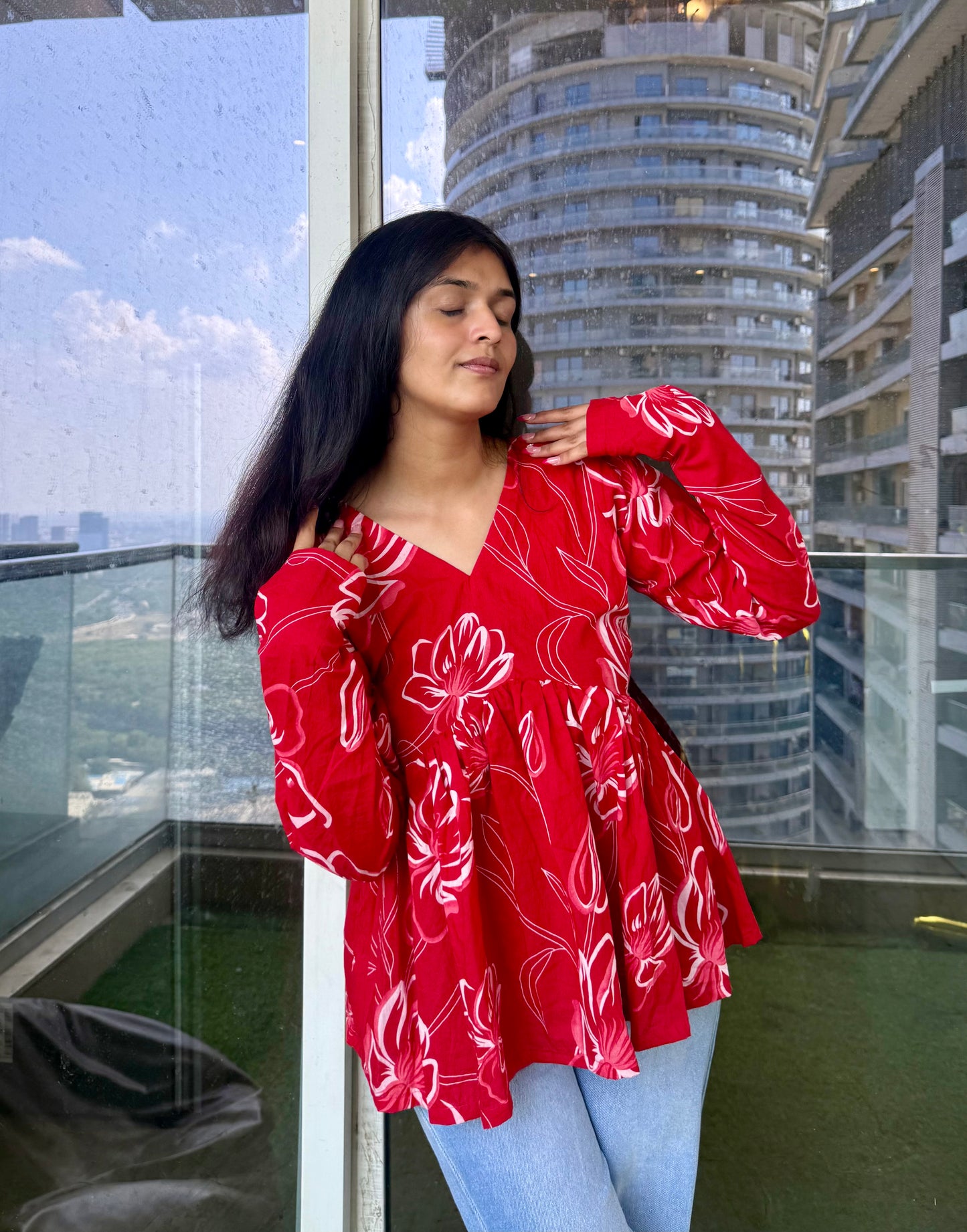 Red Rosy Peplum Short Kurti