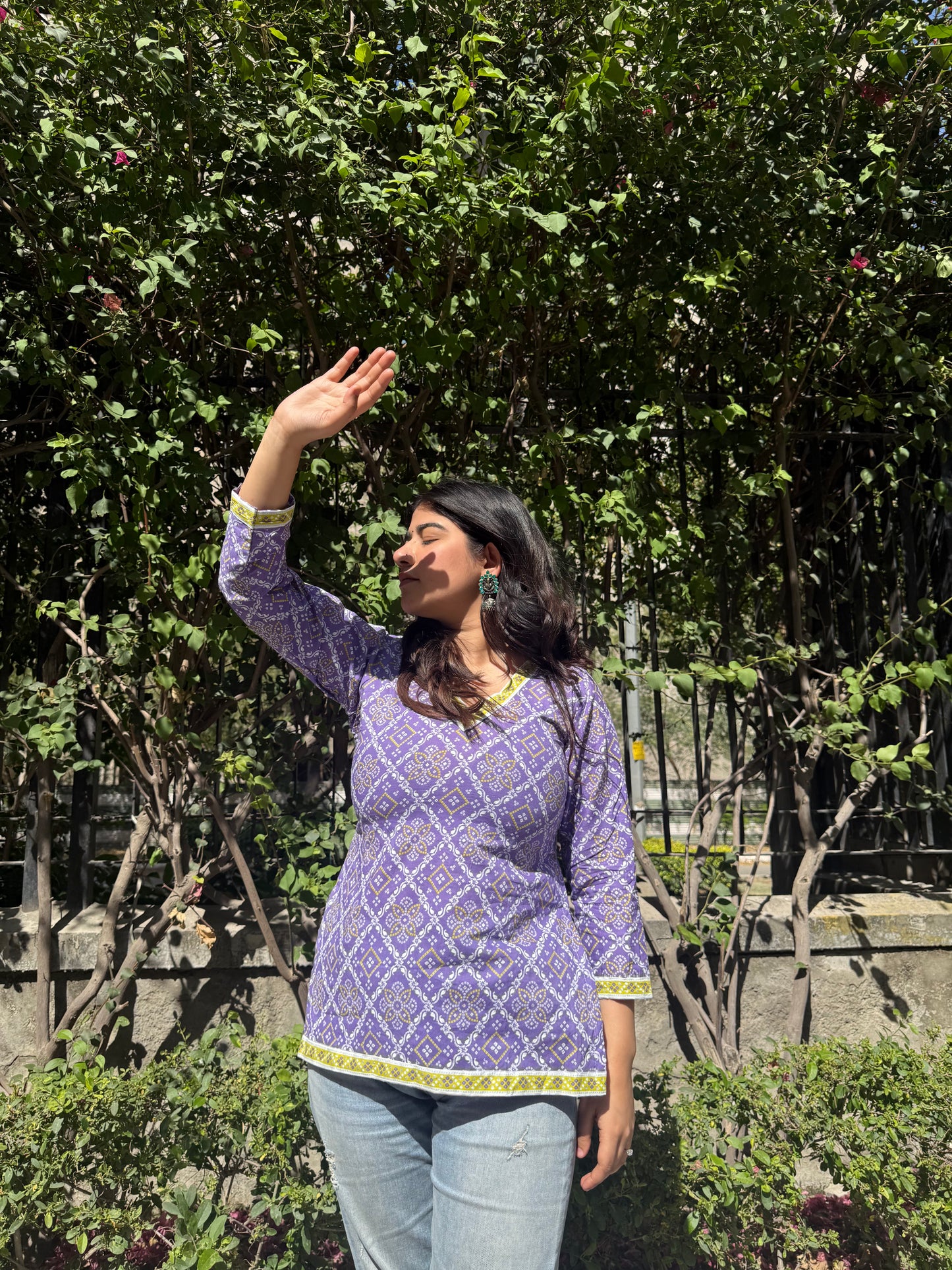 Purple Bhandej Straight Short Kurti