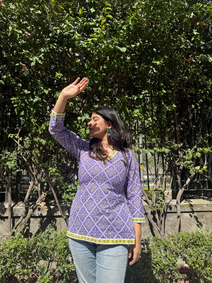 Purple Bhandej Straight Short Kurti