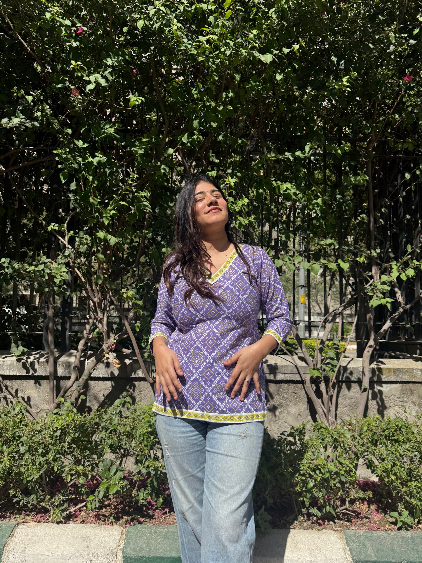 Purple Bhandej Straight Short Kurti