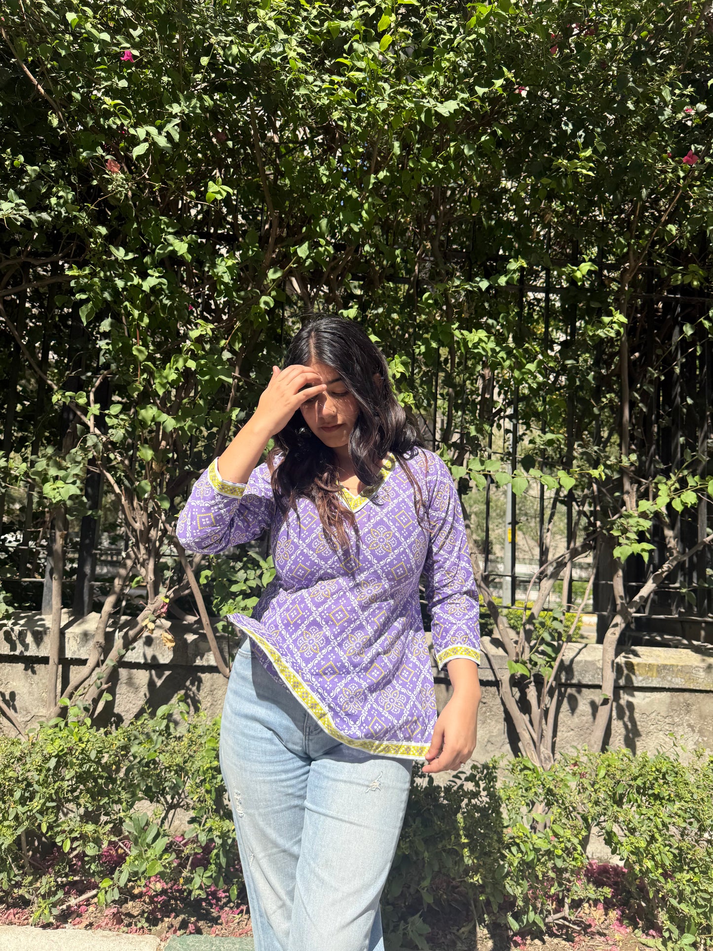 Purple Bhandej Straight Short Kurti