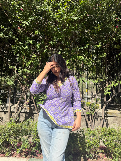 Purple Bhandej Straight Short Kurti