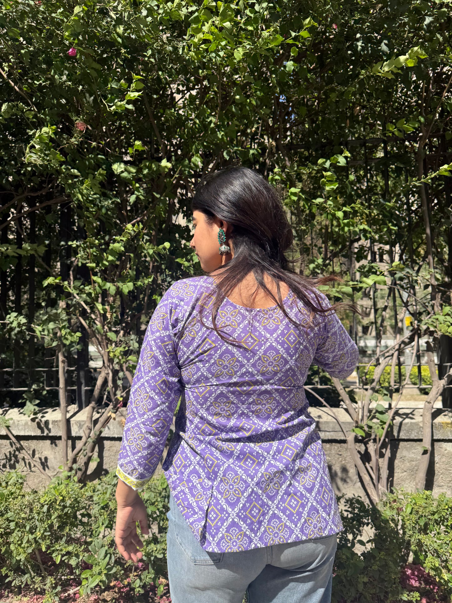 Purple Bhandej Straight Short Kurti