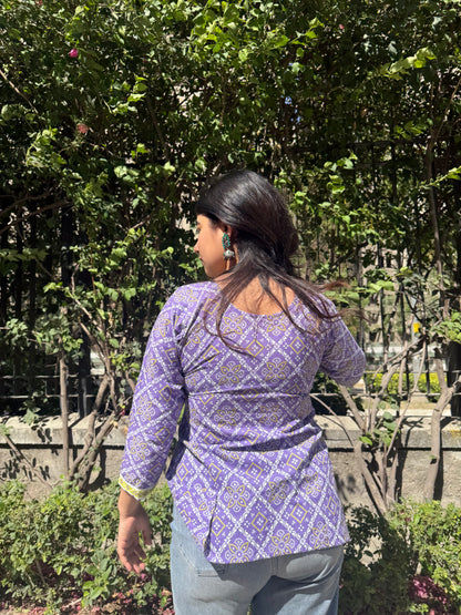 Purple Bhandej Straight Short Kurti