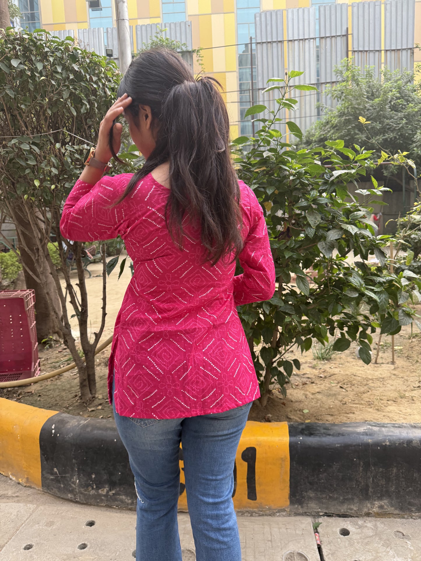 Pink Bhandej Short Kurti
