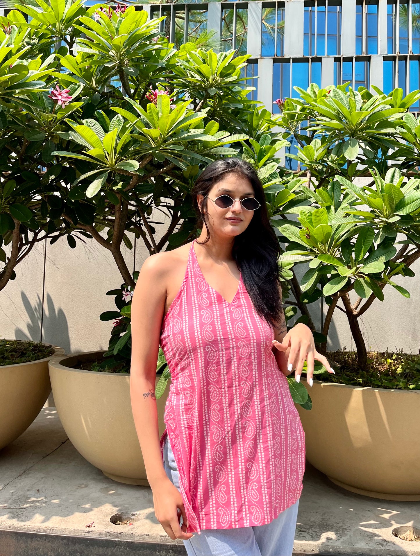 Pink haya halter neck short kurti