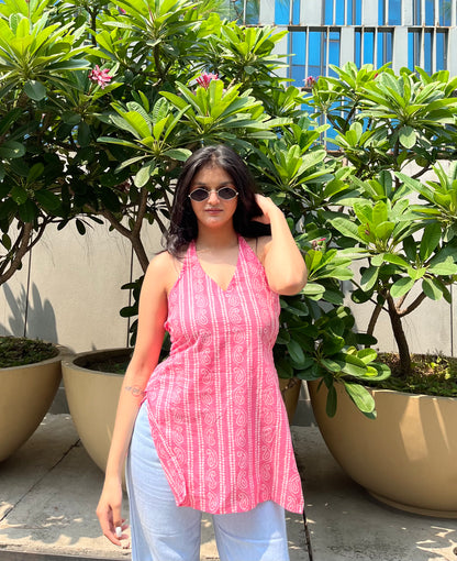 Pink haya halter neck short kurti