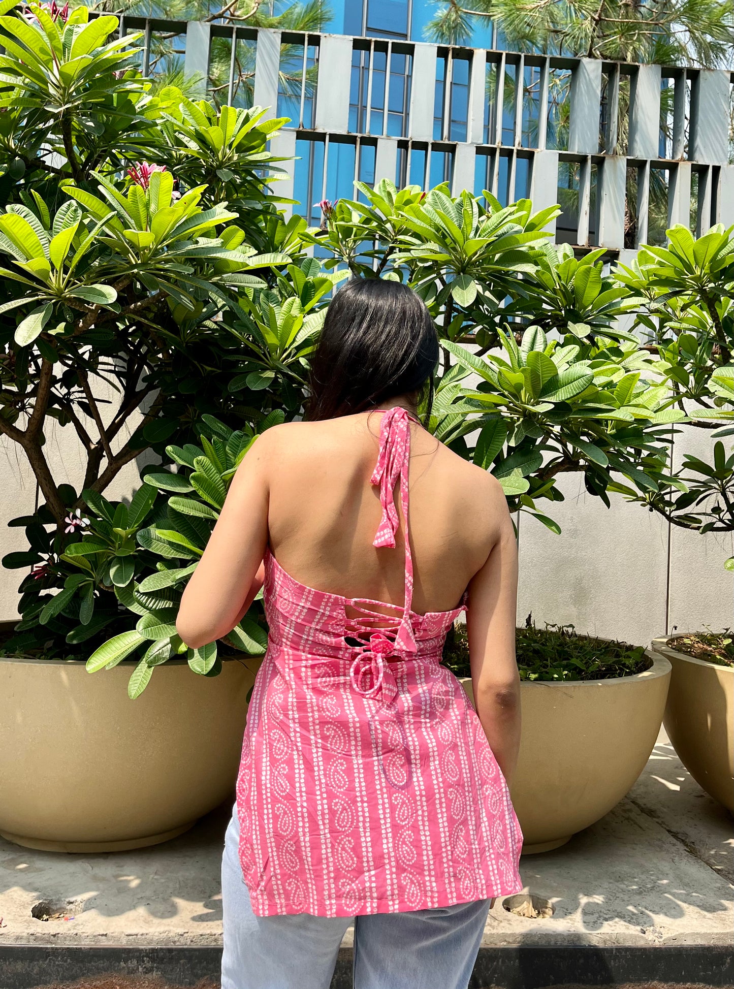 Pink haya halter neck short kurti