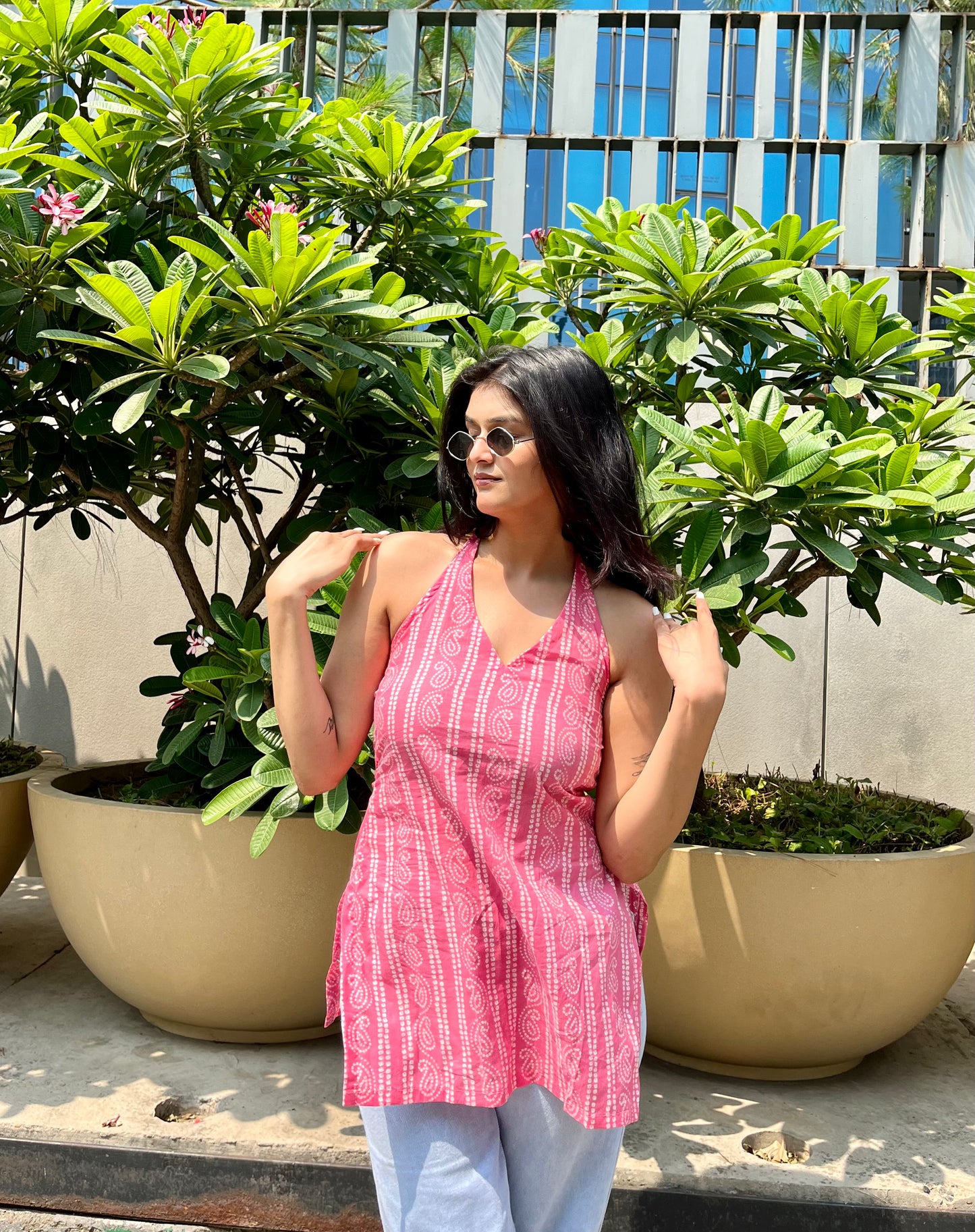 Pink haya halter neck short kurti