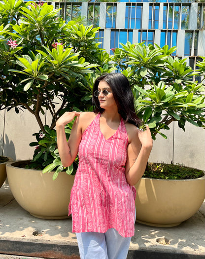 Pink haya halter neck short kurti