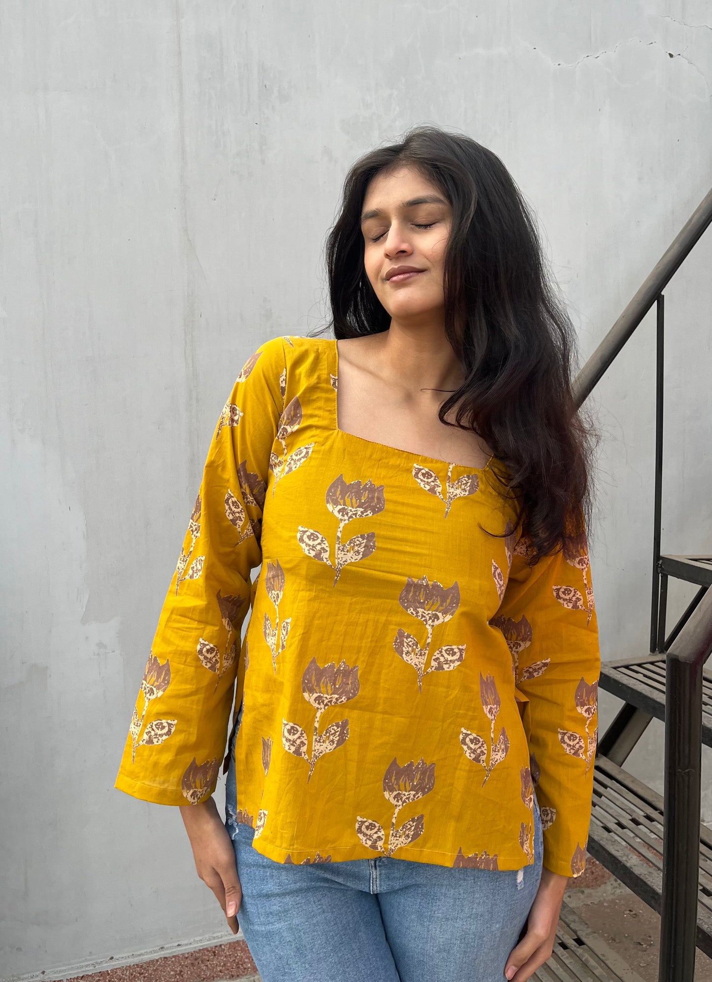 Yellow Lotus Straight Short Kurti