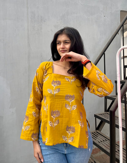 Yellow Lotus Straight Short Kurti