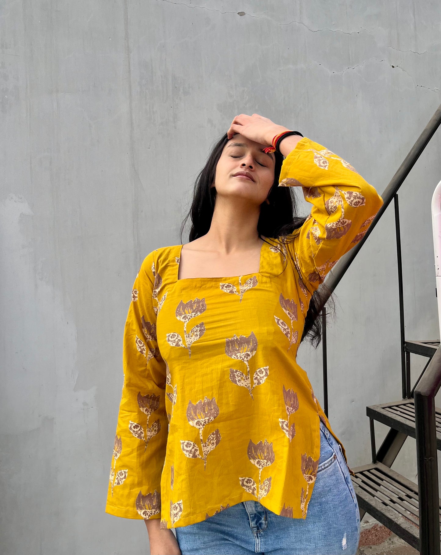 Yellow Lotus Straight Short Kurti