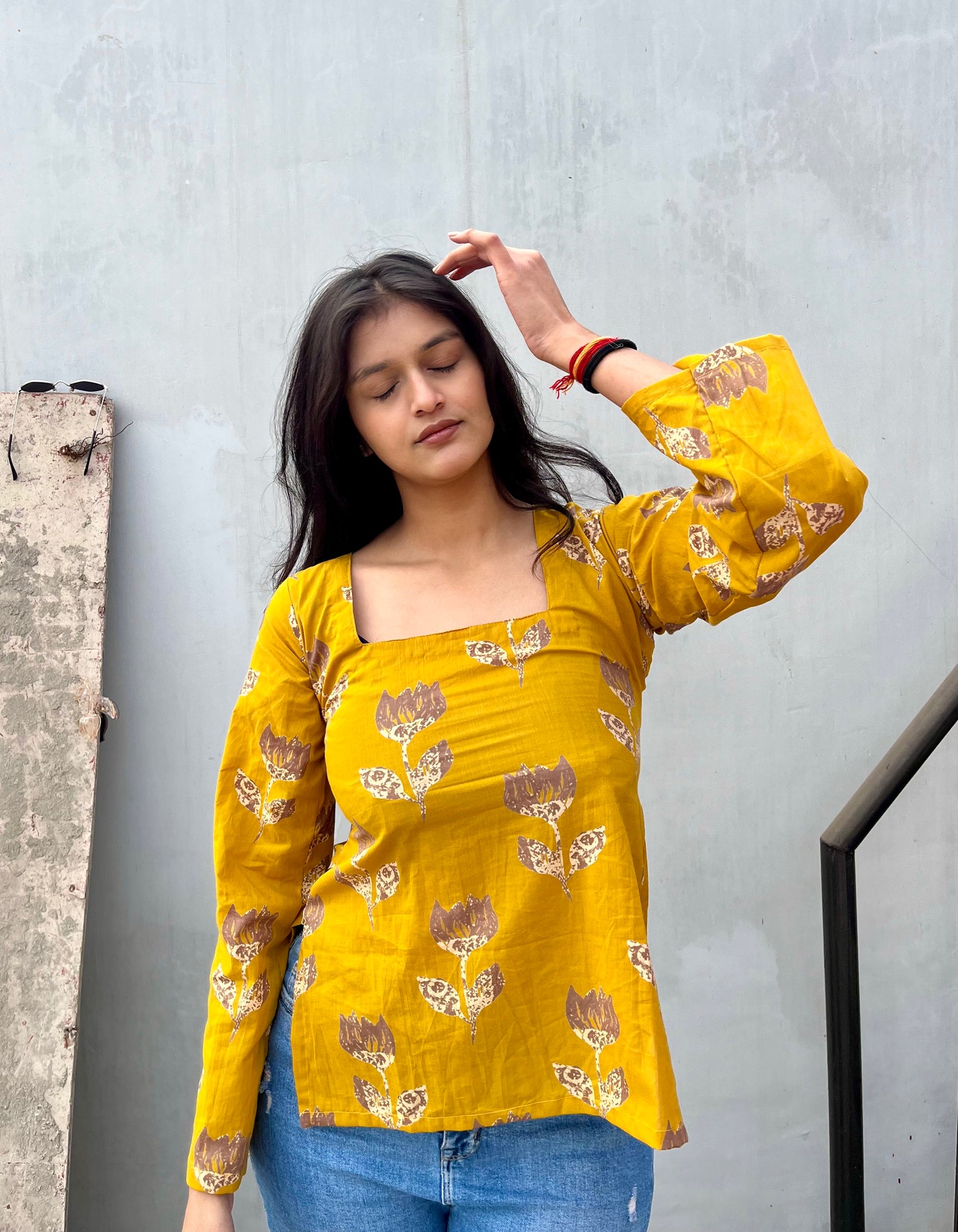 Yellow Lotus Straight Short Kurti