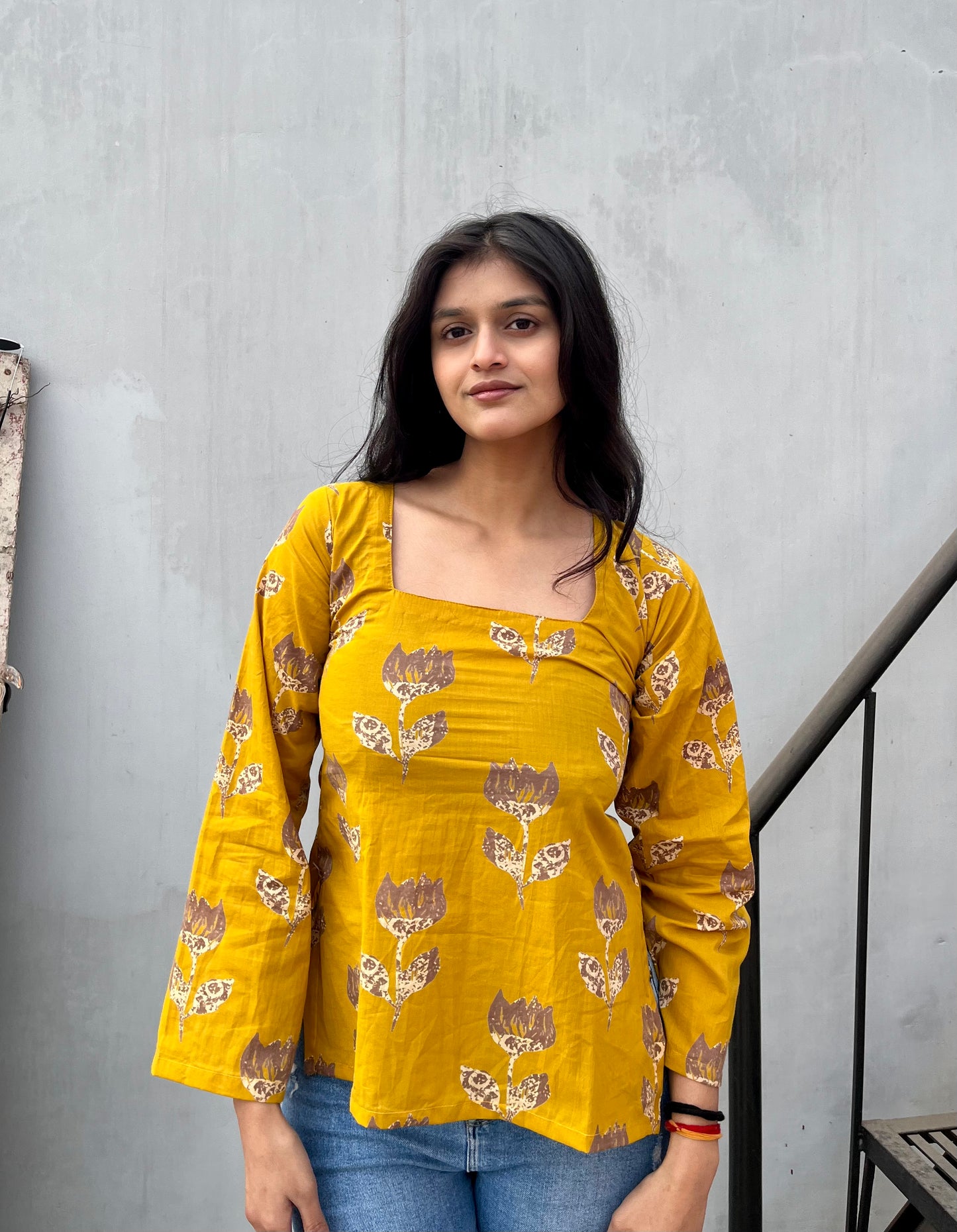 Yellow Lotus Straight Short Kurti