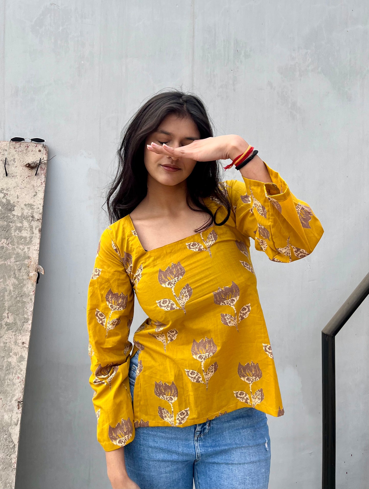 Yellow Lotus Straight Short Kurti