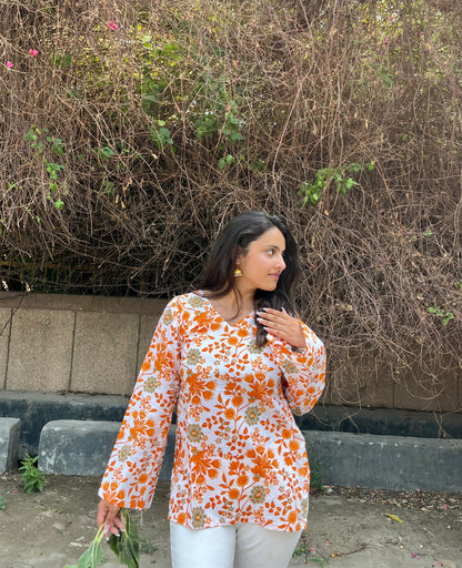 Orange Flower Straight Short Kurti