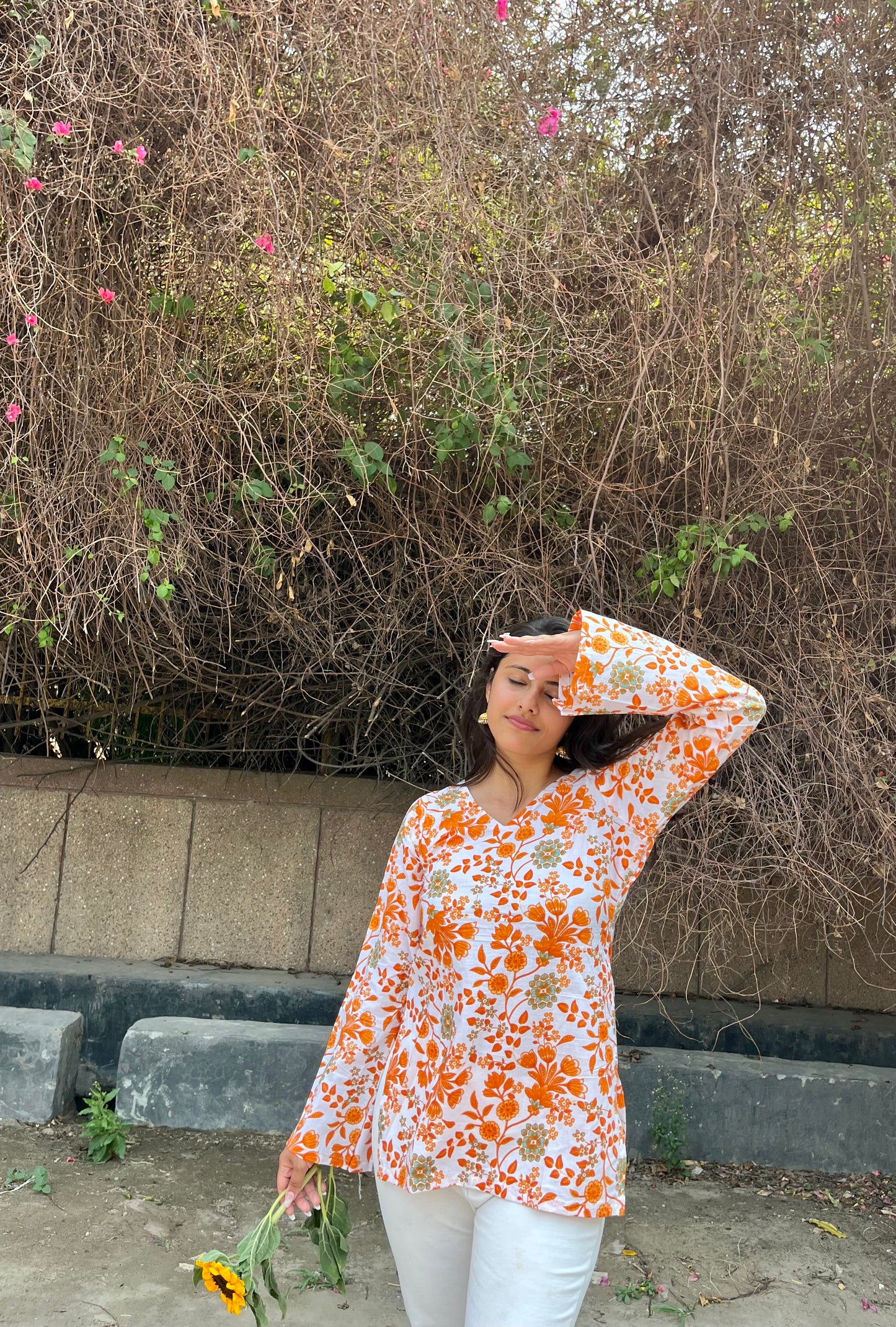 Orange Flower Straight Short Kurti