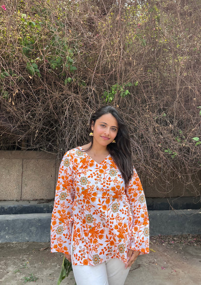 Orange Flower Straight Short Kurti