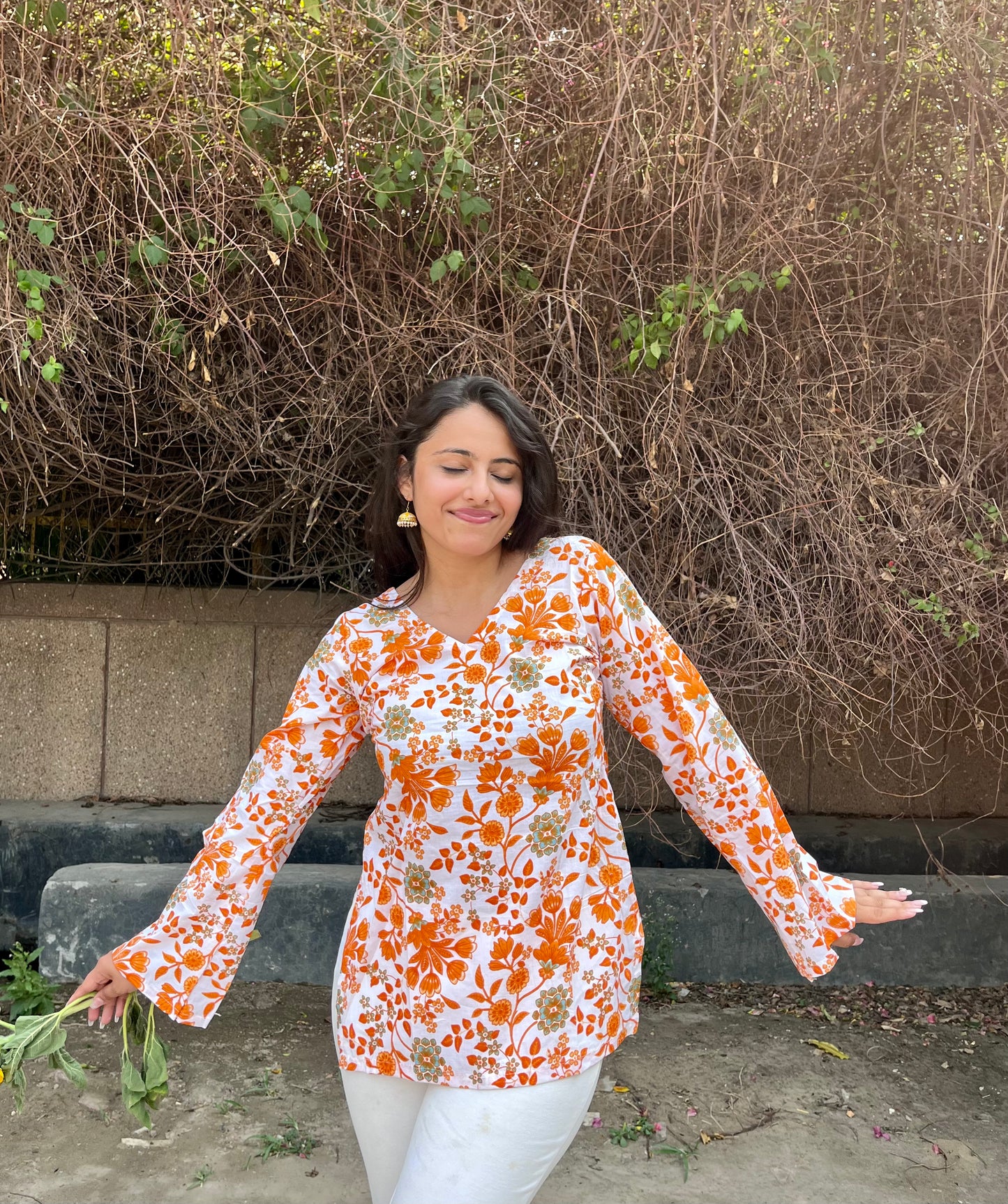 Orange Flower Straight Short Kurti