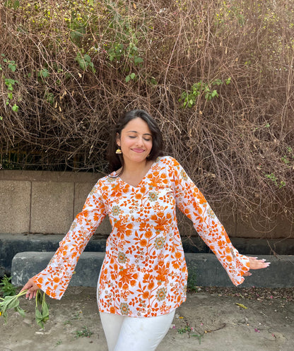 Orange Flower Straight Short Kurti