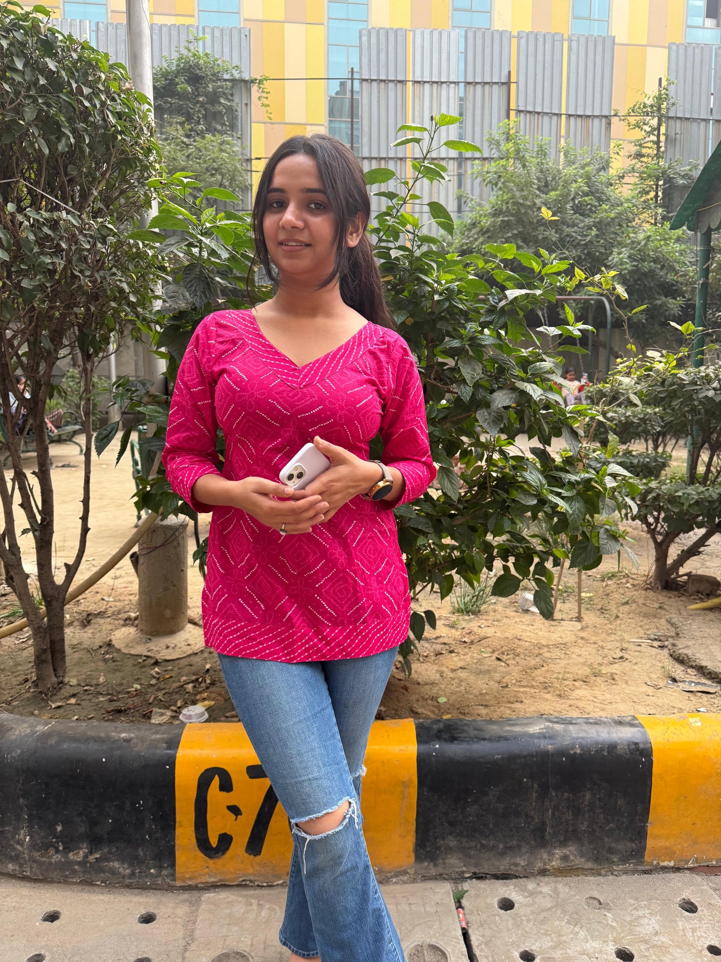 Pink Bhandej Short Kurti