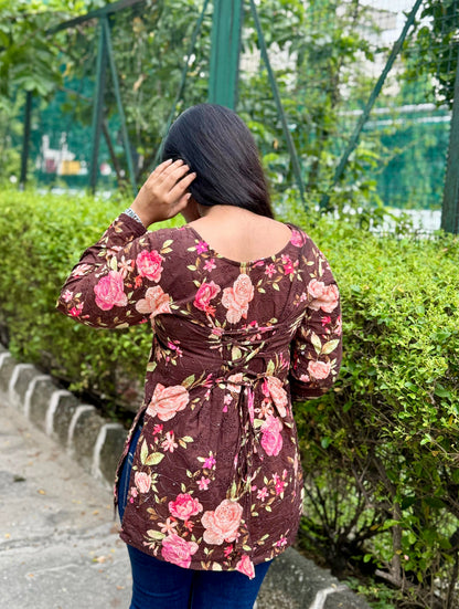 Brown Hakoba Floral Corset Back Straight Kurti