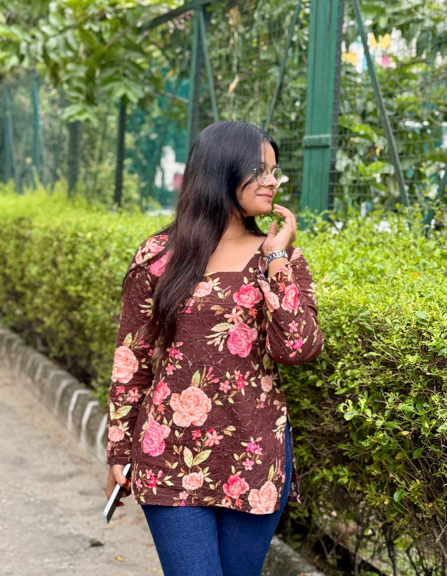 Brown Hakoba Floral Corset Back Straight Kurti