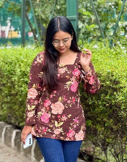 Brown Hakoba Floral Corset Back Straight Kurti