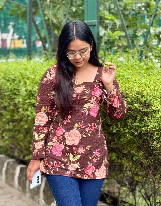 Brown Hakoba Floral Corset Back Straight Kurti